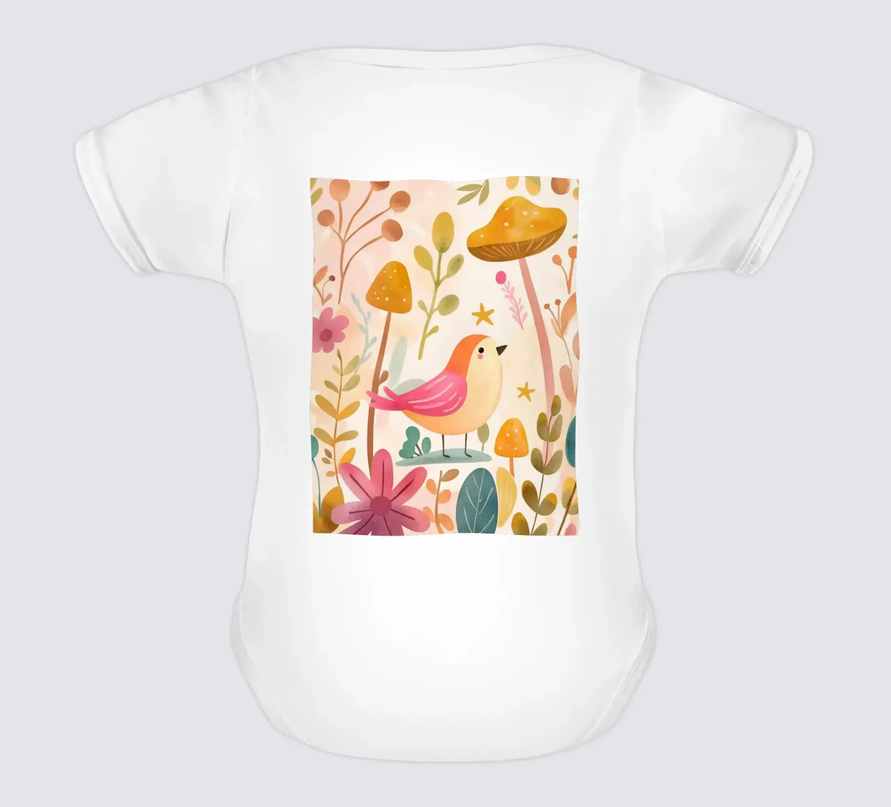 Uccello rosa stravagante in un giardino di funghi e fiori in stile bohémien body neonato maniche corte da GentleEchoes Dreamlight