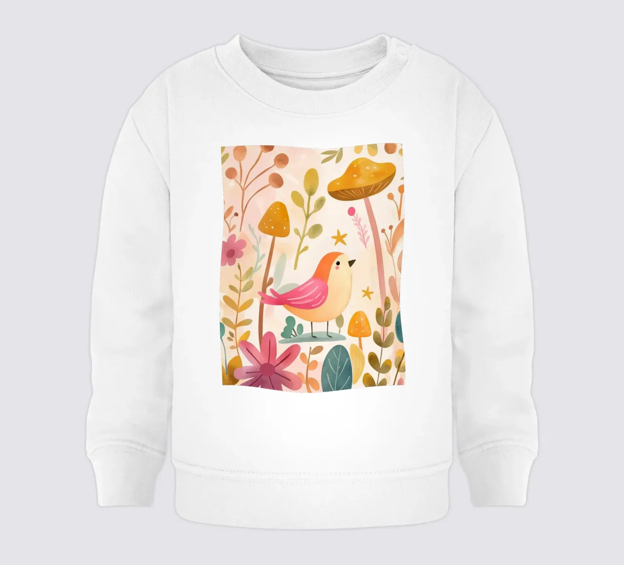 Uccello rosa stravagante in un giardino di funghi e fiori in stile bohémien felpa neonato da GentleEchoes Dreamlight