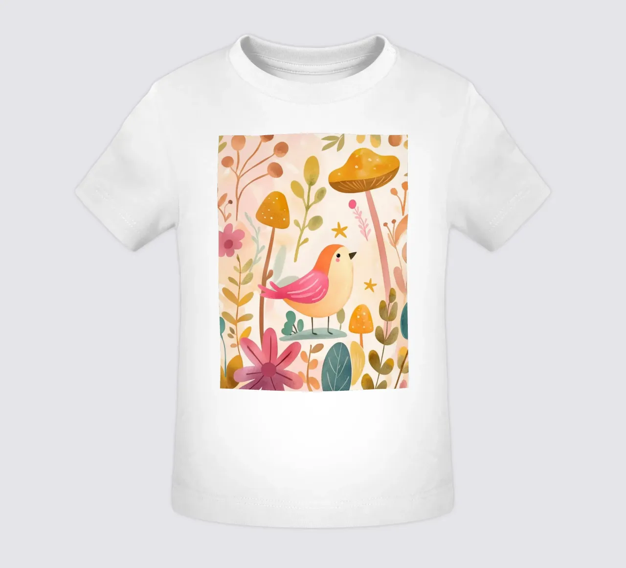Uccello rosa stravagante in un giardino di funghi e fiori in stile bohémien maglietta neonato da GentleEchoes Dreamlight