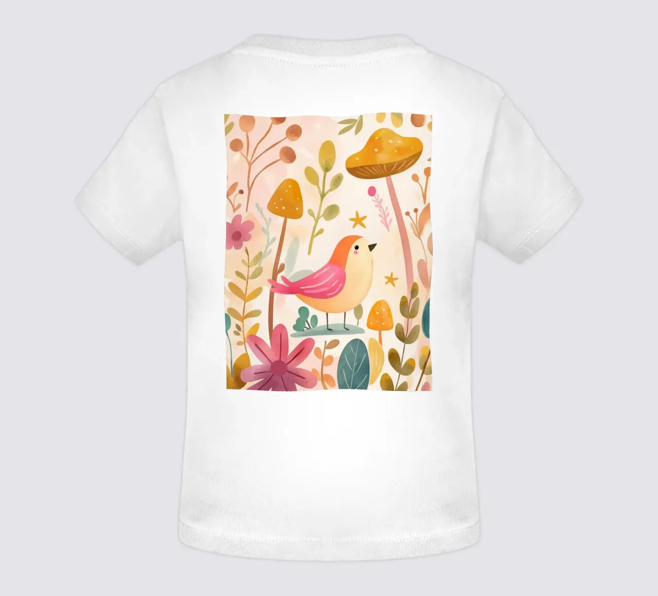 Uccello rosa stravagante in un giardino di funghi e fiori in stile bohémien maglietta neonato da GentleEchoes Dreamlight
