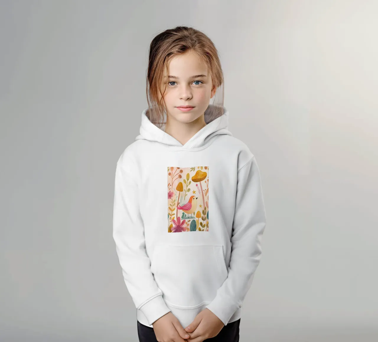 Uccello rosa stravagante in un giardino di funghi e fiori in stile bohémien felpa bambino con cappuccio da GentleEchoes Dreamlight