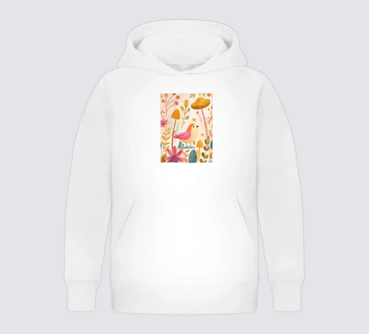 Uccello rosa stravagante in un giardino di funghi e fiori in stile bohémien felpa bambino con cappuccio da GentleEchoes Dreamlight