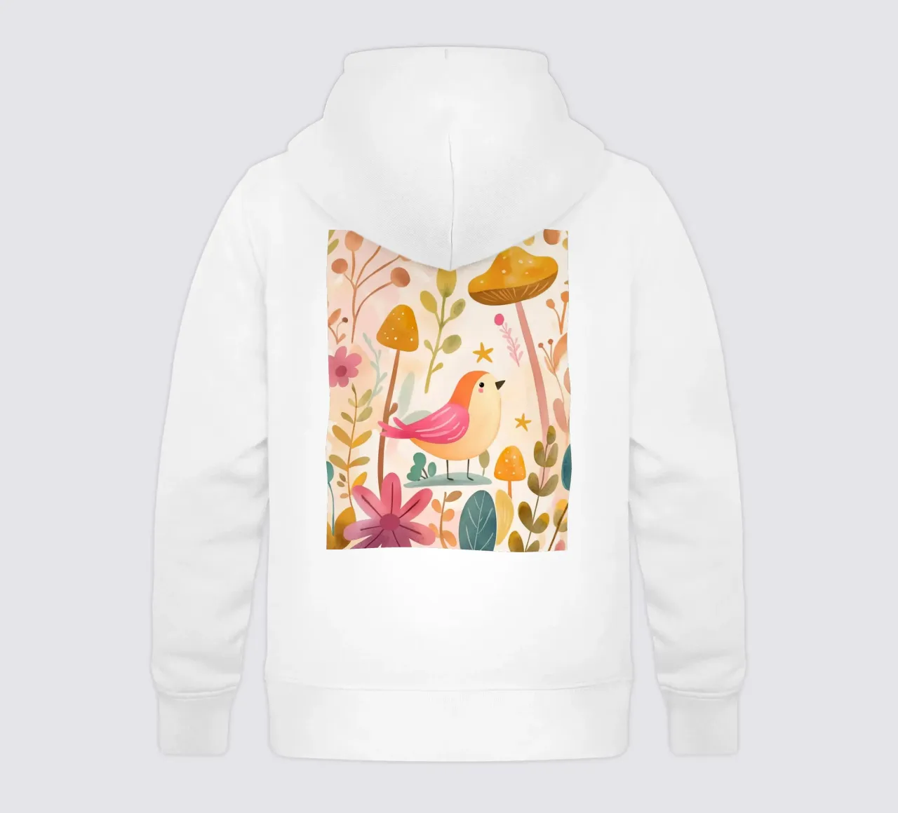 Uccello rosa stravagante in un giardino di funghi e fiori in stile bohémien felpa bambino con cappuccio da GentleEchoes Dreamlight