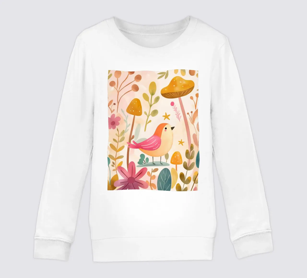 Uccello rosa stravagante in un giardino di funghi e fiori in stile bohémien felpa bambino da GentleEchoes Dreamlight