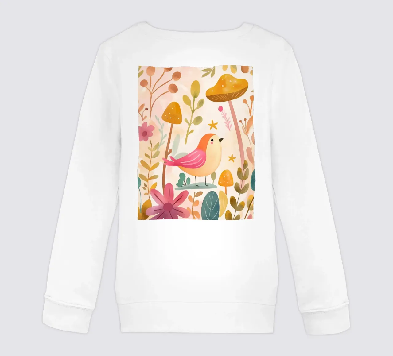 Uccello rosa stravagante in un giardino di funghi e fiori in stile bohémien felpa bambino da GentleEchoes Dreamlight