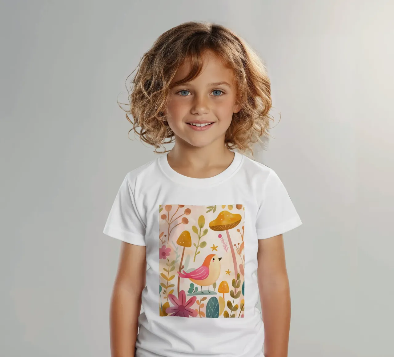 Uccello rosa stravagante in un giardino di funghi e fiori in stile bohémien t-shirt bambini da GentleEchoes Dreamlight