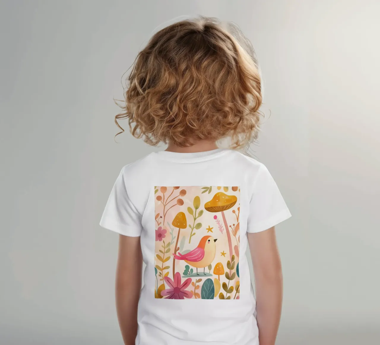 Uccello rosa stravagante in un giardino di funghi e fiori in stile bohémien t-shirt bambini da GentleEchoes Dreamlight