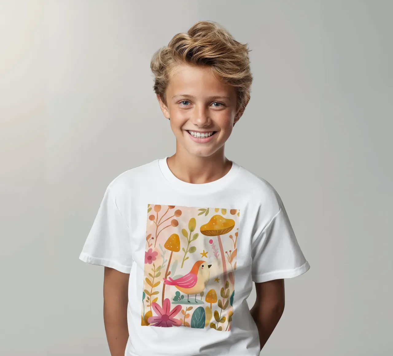 Uccello rosa stravagante in un giardino di funghi e fiori in stile bohémien t-shirt bambini da GentleEchoes Dreamlight