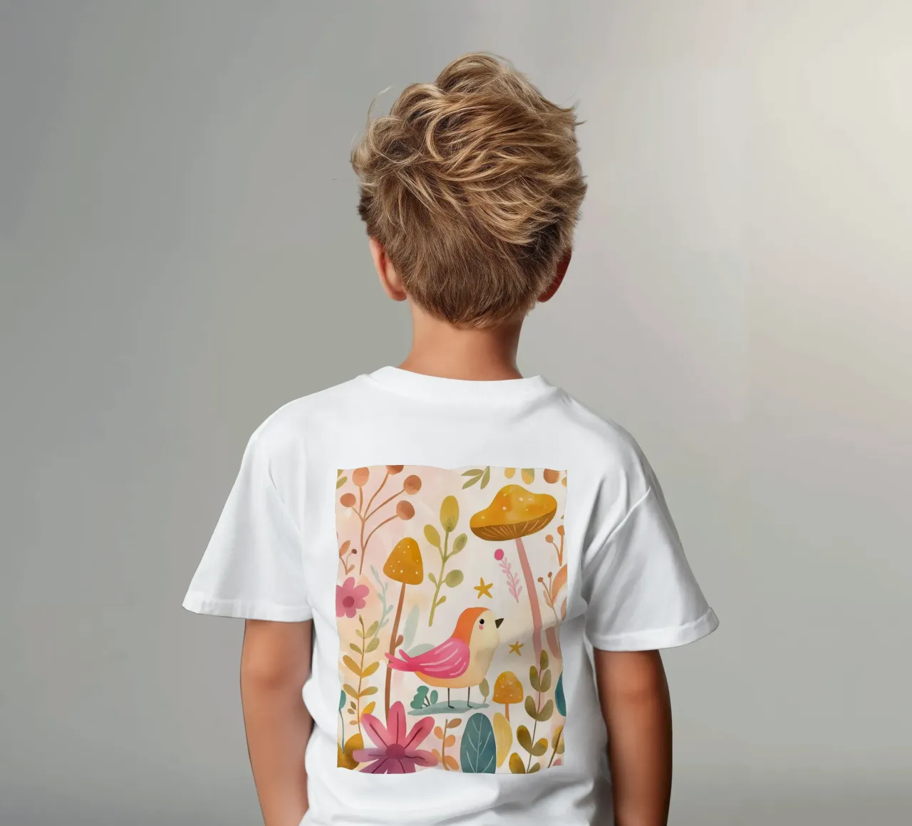 Uccello rosa stravagante in un giardino di funghi e fiori in stile bohémien t-shirt bambini da GentleEchoes Dreamlight