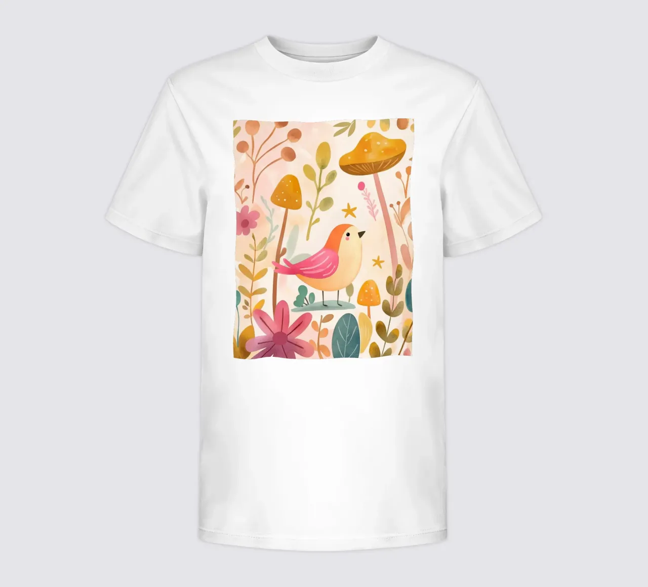 Uccello rosa stravagante in un giardino di funghi e fiori in stile bohémien t-shirt bambini da GentleEchoes Dreamlight