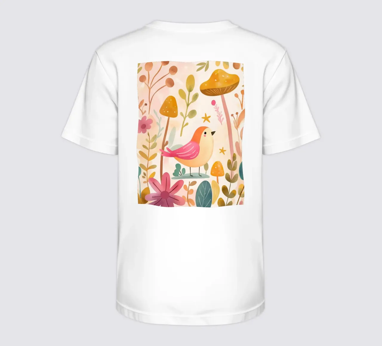 Uccello rosa stravagante in un giardino di funghi e fiori in stile bohémien t-shirt bambini da GentleEchoes Dreamlight