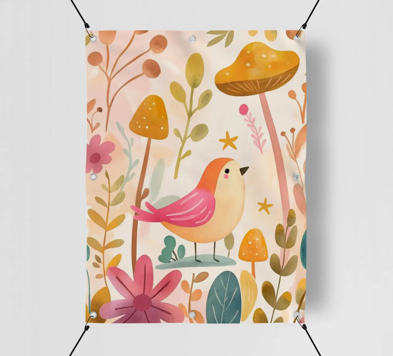 Uccello rosa stravagante in un giardino di funghi e fiori in stile bohémien telo in pvc da GentleEchoes Dreamlight