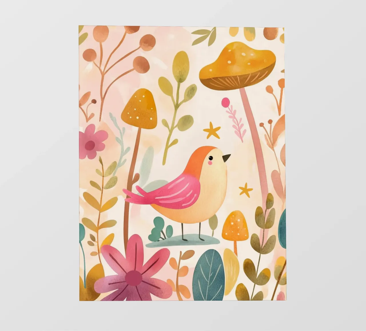 Uccello rosa stravagante in un giardino di funghi e fiori in stile bohémien telo in pvc da GentleEchoes Dreamlight