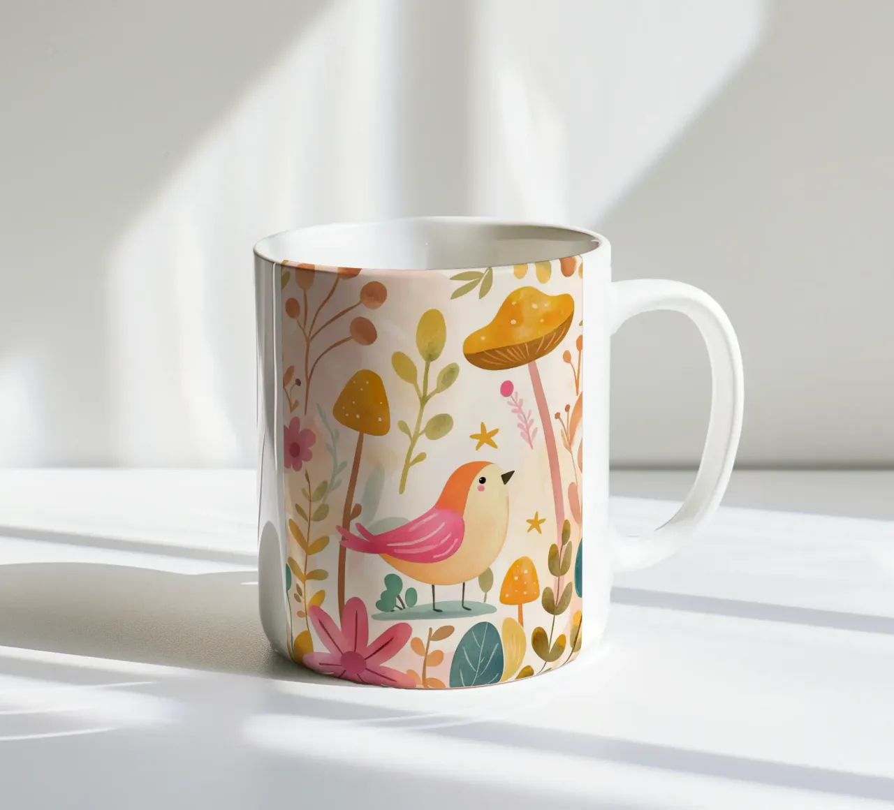Uccello rosa stravagante in un giardino di funghi e fiori in stile bohémien tazza in ceramica da GentleEchoes Dreamlight