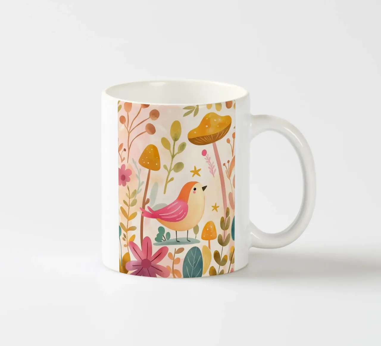 Uccello rosa stravagante in un giardino di funghi e fiori in stile bohémien tazza in ceramica da GentleEchoes Dreamlight