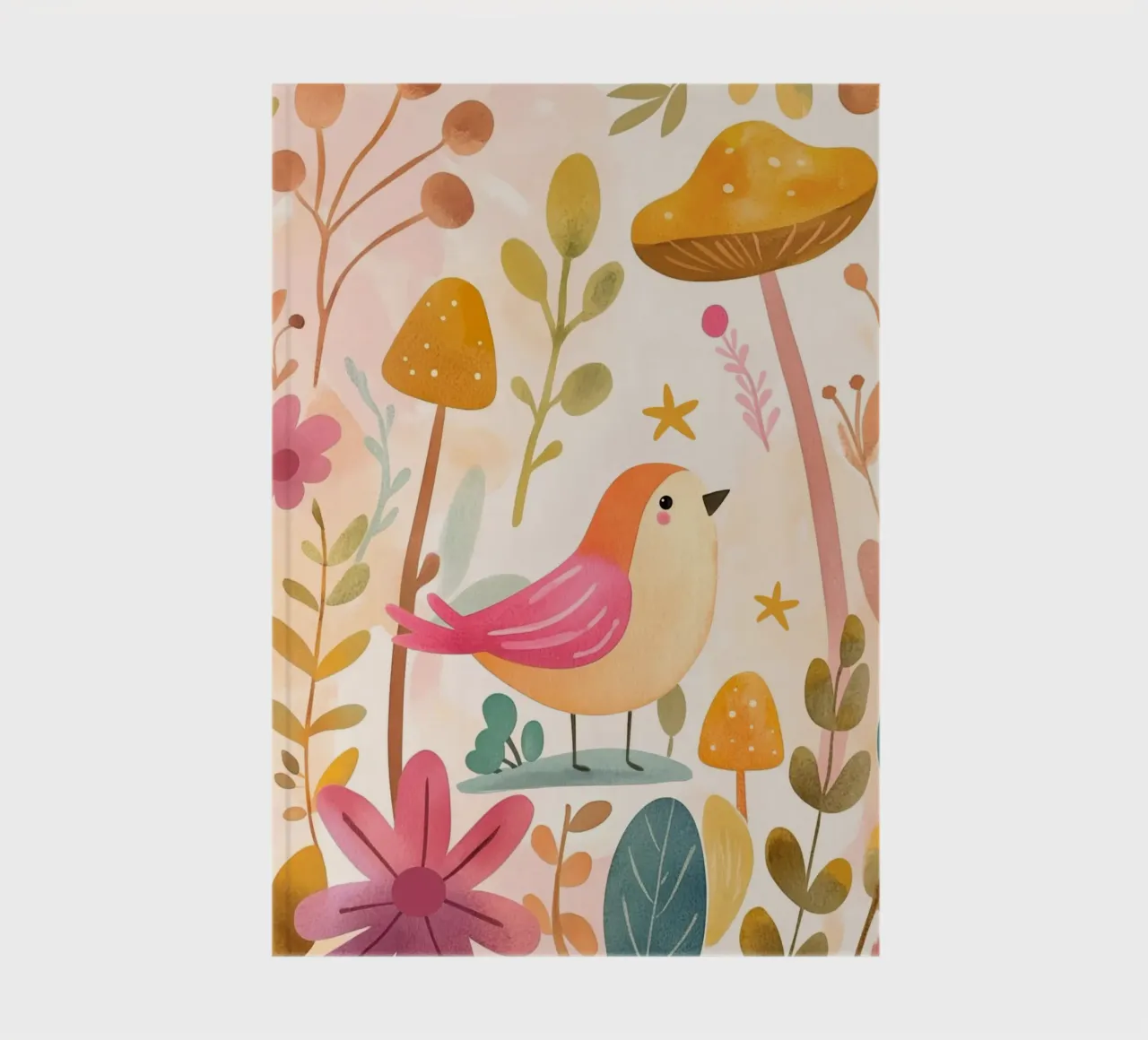 Uccello rosa stravagante in un giardino di funghi e fiori in stile bohémien diario da GentleEchoes Dreamlight