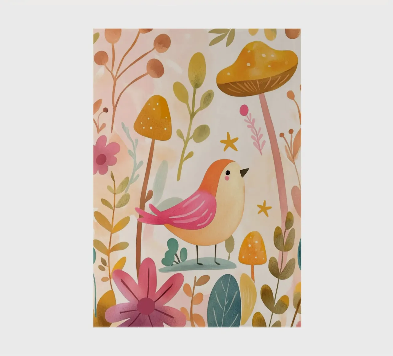 Uccello rosa stravagante in un giardino di funghi e fiori in stile bohémien diario da GentleEchoes Dreamlight