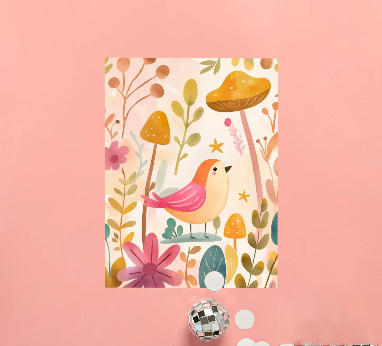 Uccello rosa stravagante in un giardino di funghi e fiori in stile bohémien adesivo da GentleEchoes Dreamlight