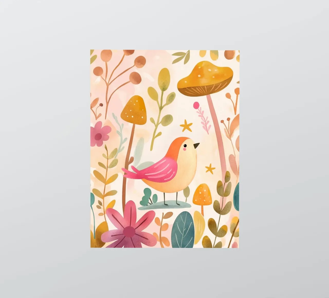 Uccello rosa stravagante in un giardino di funghi e fiori in stile bohémien adesivo da GentleEchoes Dreamlight