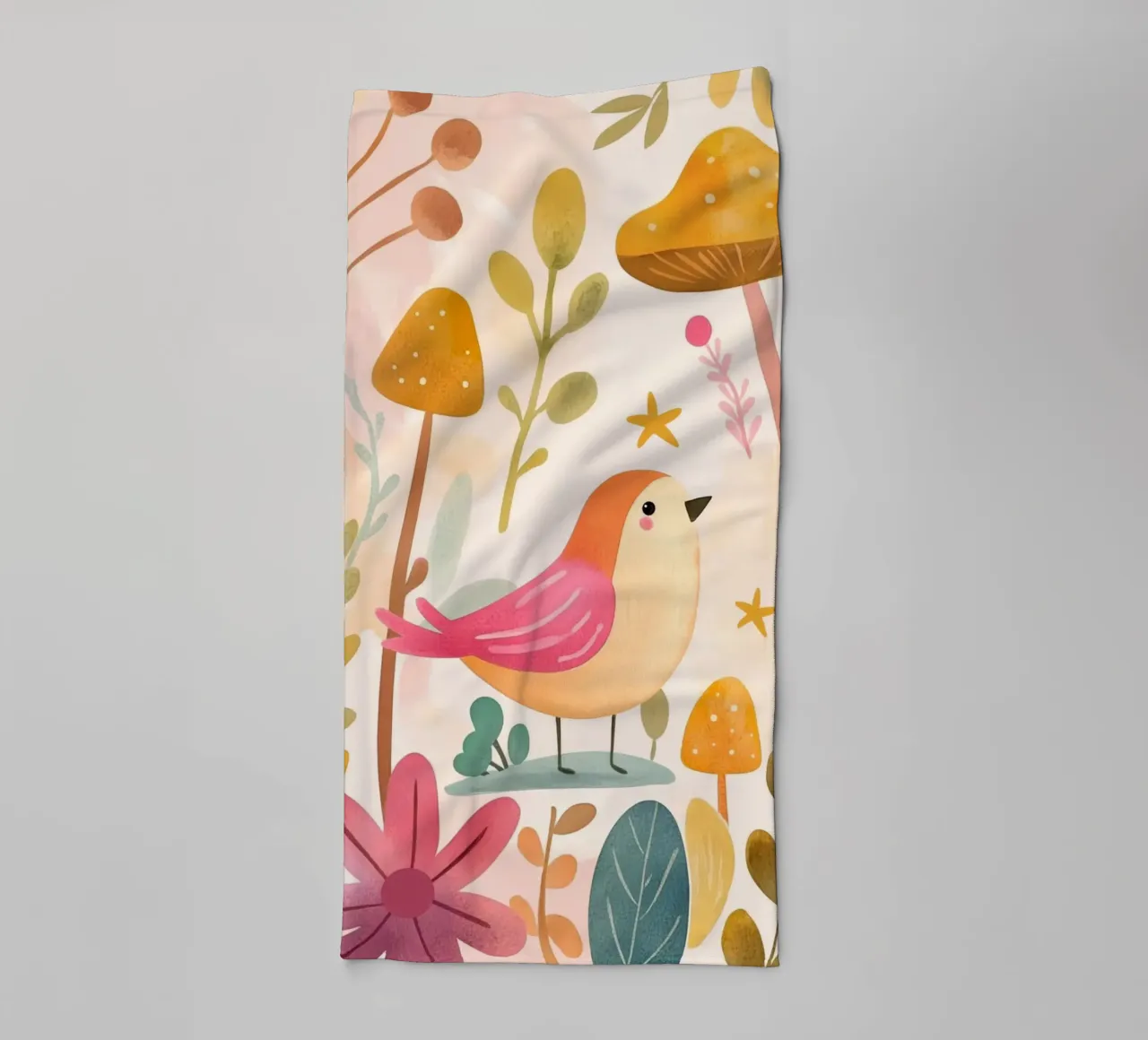 Uccello rosa stravagante in un giardino di funghi e fiori in stile bohémien asciugamano da bagno da GentleEchoes Dreamlight