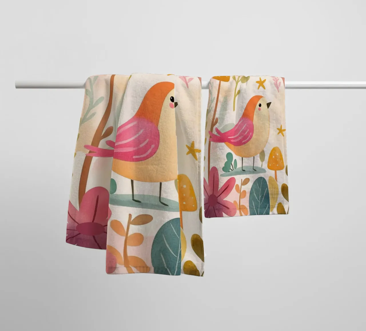 Uccello rosa stravagante in un giardino di funghi e fiori in stile bohémien asciugamano da bagno da GentleEchoes Dreamlight