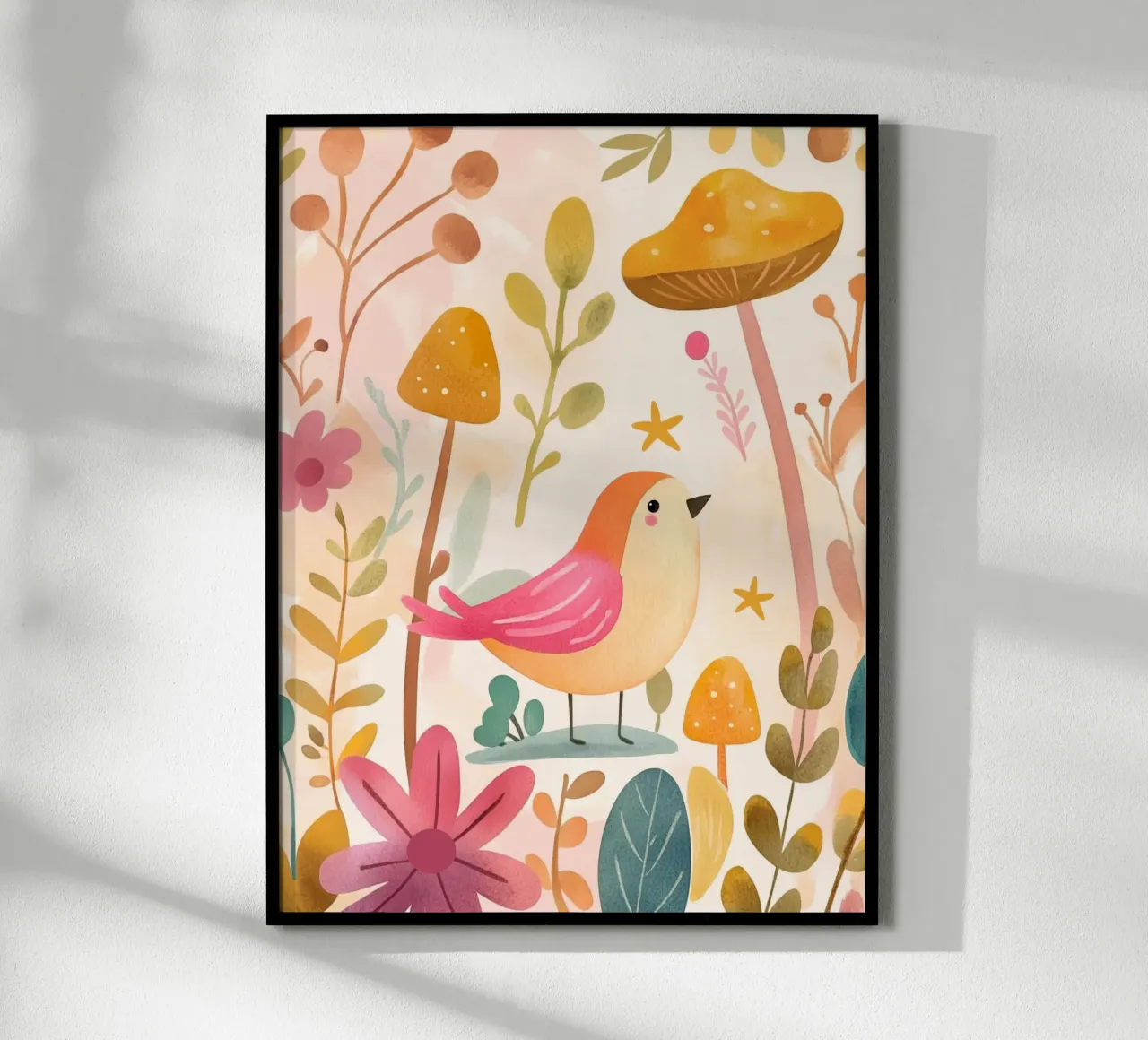 Uccello rosa stravagante in un giardino di funghi e fiori in stile bohémien poster da GentleEchoes Dreamlight