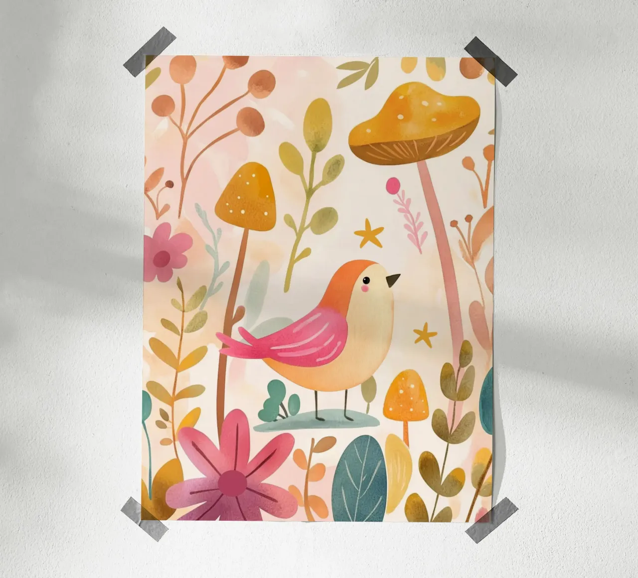 Uccello rosa stravagante in un giardino di funghi e fiori in stile bohémien poster da GentleEchoes Dreamlight