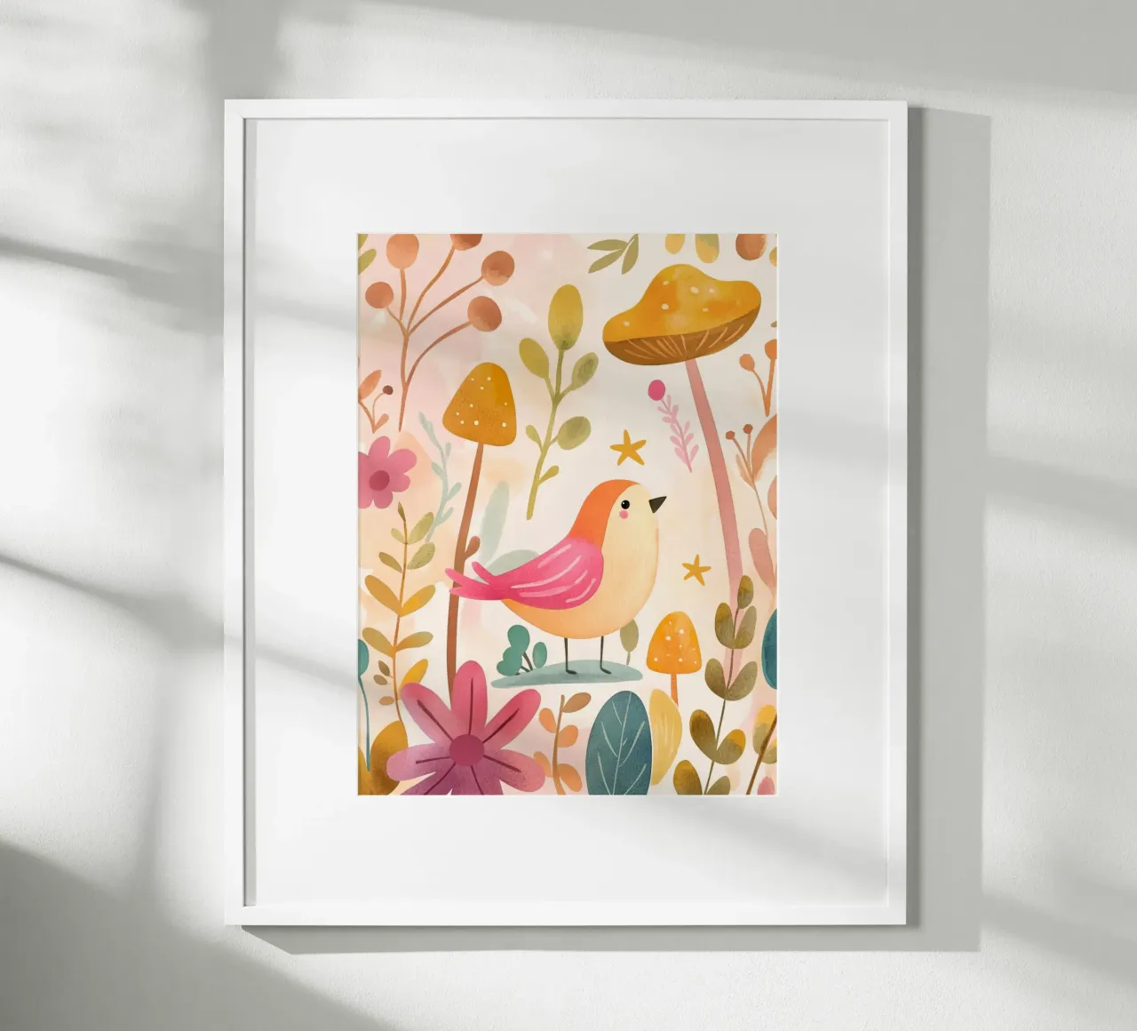 Uccello rosa stravagante in un giardino di funghi e fiori in stile bohémien poster da GentleEchoes Dreamlight
