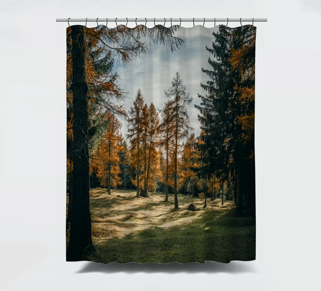 Herbstliche Lärchen in der Schweiz Duschvorhang von mbgraphx2