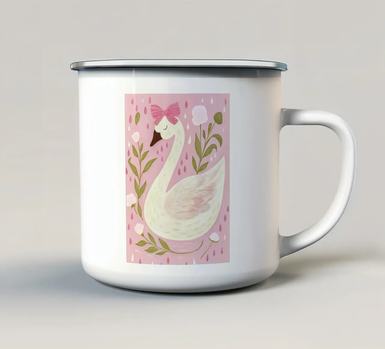 Cigno sognante con fiocco rosa, rose e gocce di pioggia Arte animale tazza in smalto da GentleEchoes Dreamlight