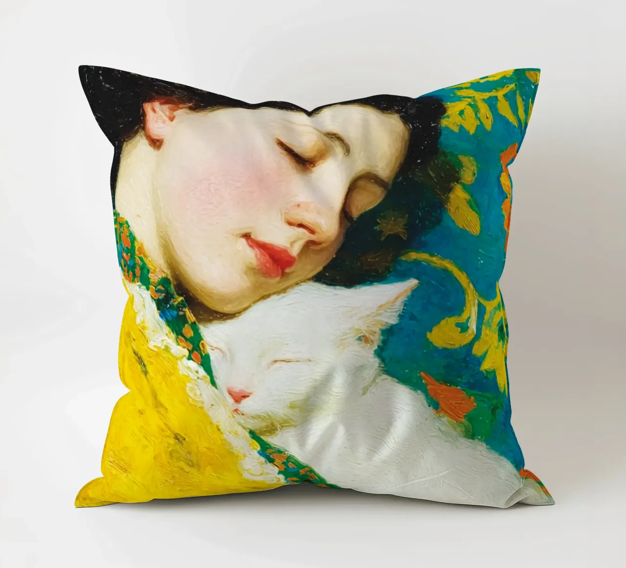 Ragazza con gatto bianco cuscino da Puschkinowa