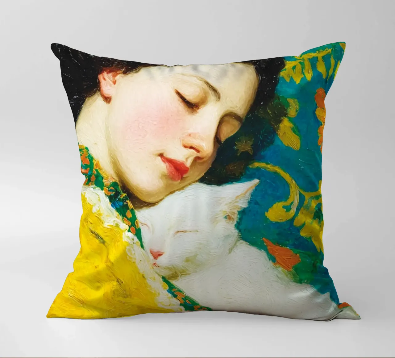 Ragazza con gatto bianco cuscino da Puschkinowa