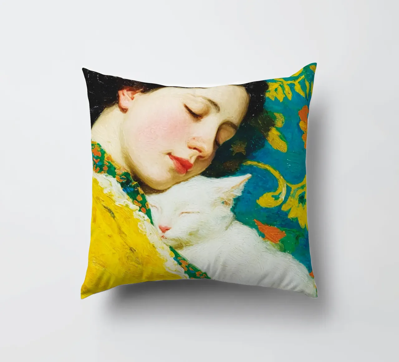 Ragazza con gatto bianco cuscino da Puschkinowa