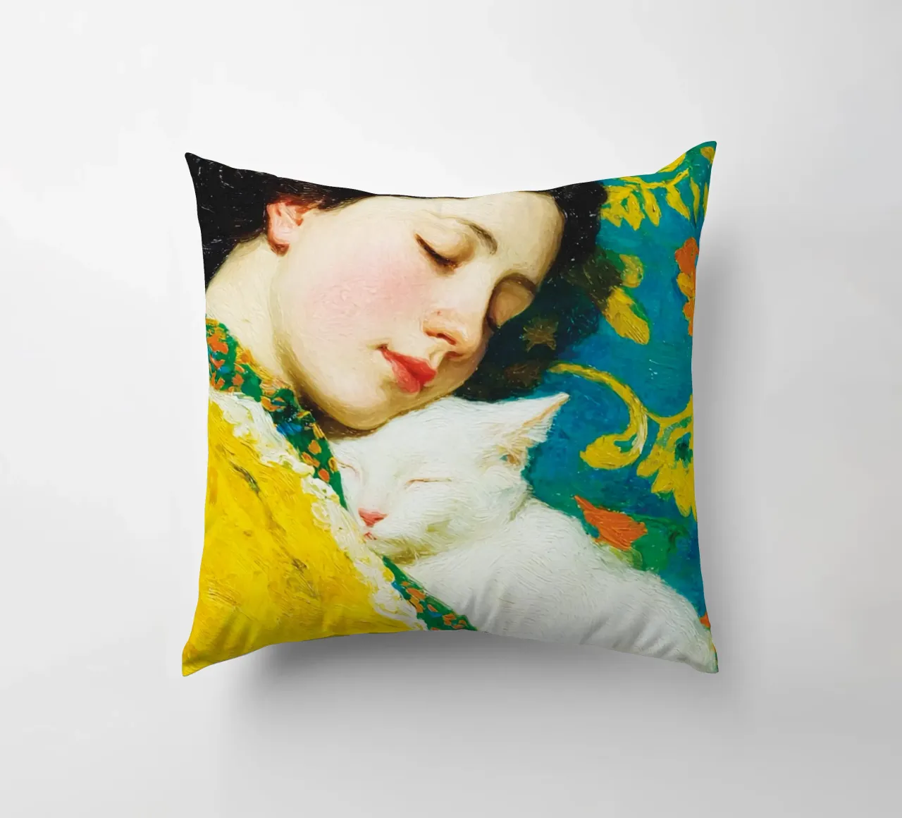 Ragazza con gatto bianco cuscino da Puschkinowa