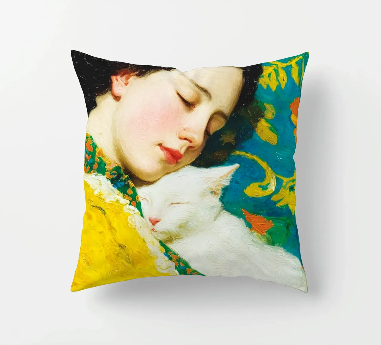 Ragazza con gatto bianco cuscino da Puschkinowa
