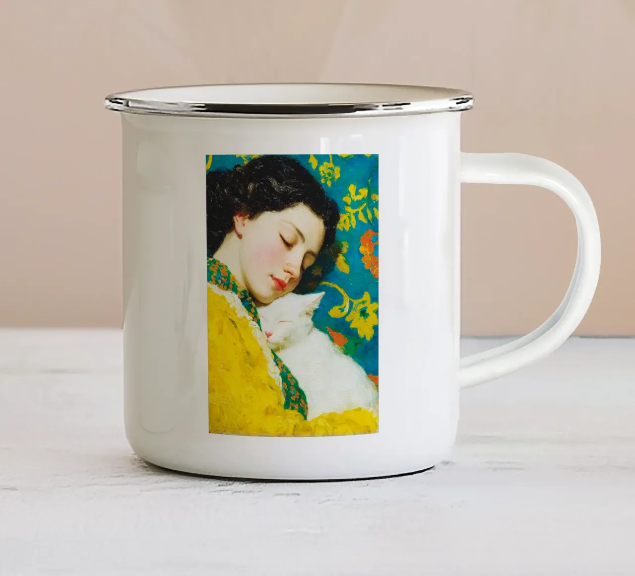 Ragazza con gatto bianco tazza in smalto da Puschkinowa