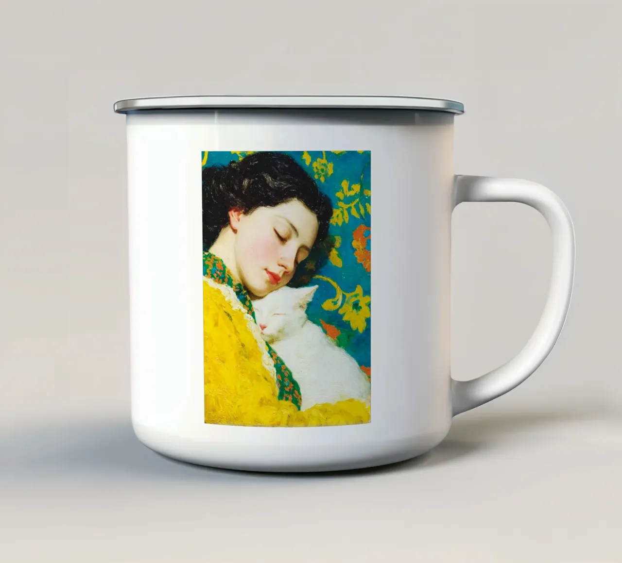 Ragazza con gatto bianco tazza in smalto da Puschkinowa