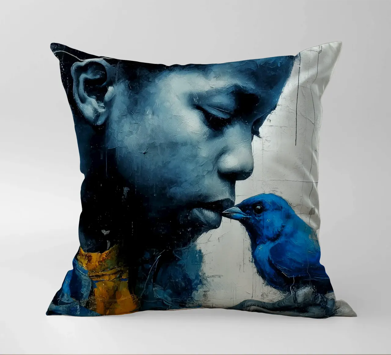 Ragazzo con uccello blu cuscino da Puschkinowa