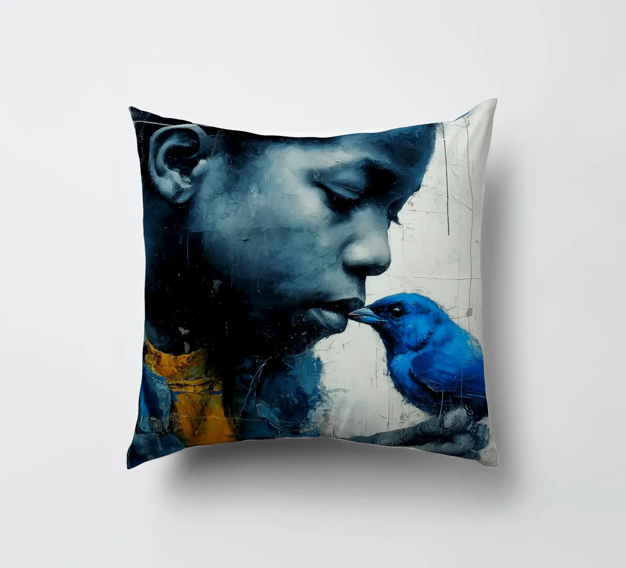 Ragazzo con uccello blu cuscino da Puschkinowa