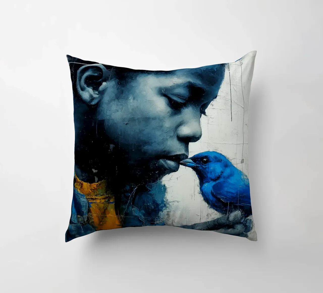 Ragazzo con uccello blu cuscino da Puschkinowa