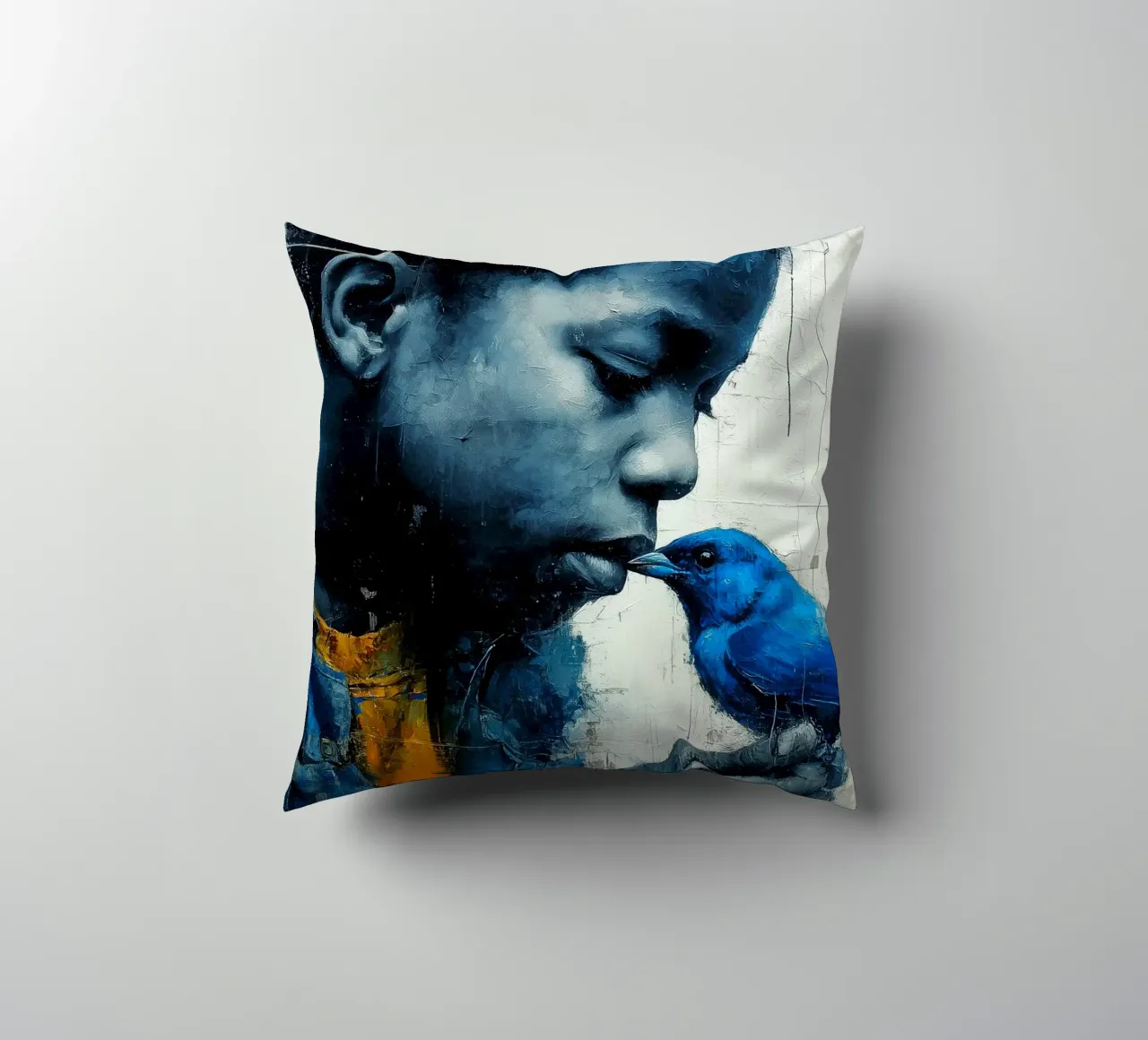 Ragazzo con uccello blu cuscino da Puschkinowa