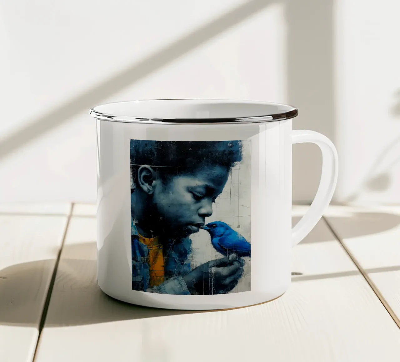 Ragazzo con uccello blu tazza in smalto da Puschkinowa