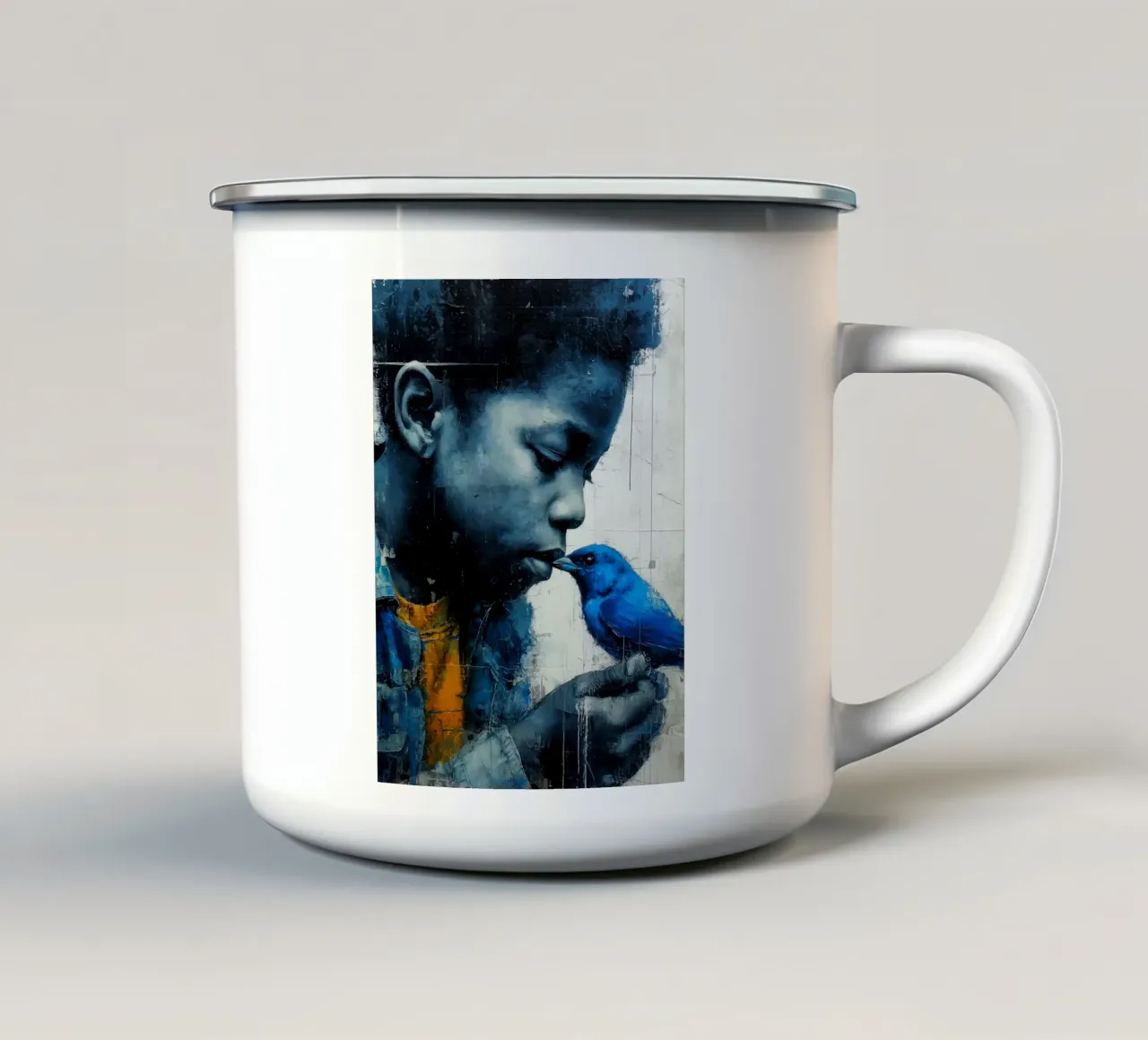 Ragazzo con uccello blu tazza in smalto da Puschkinowa