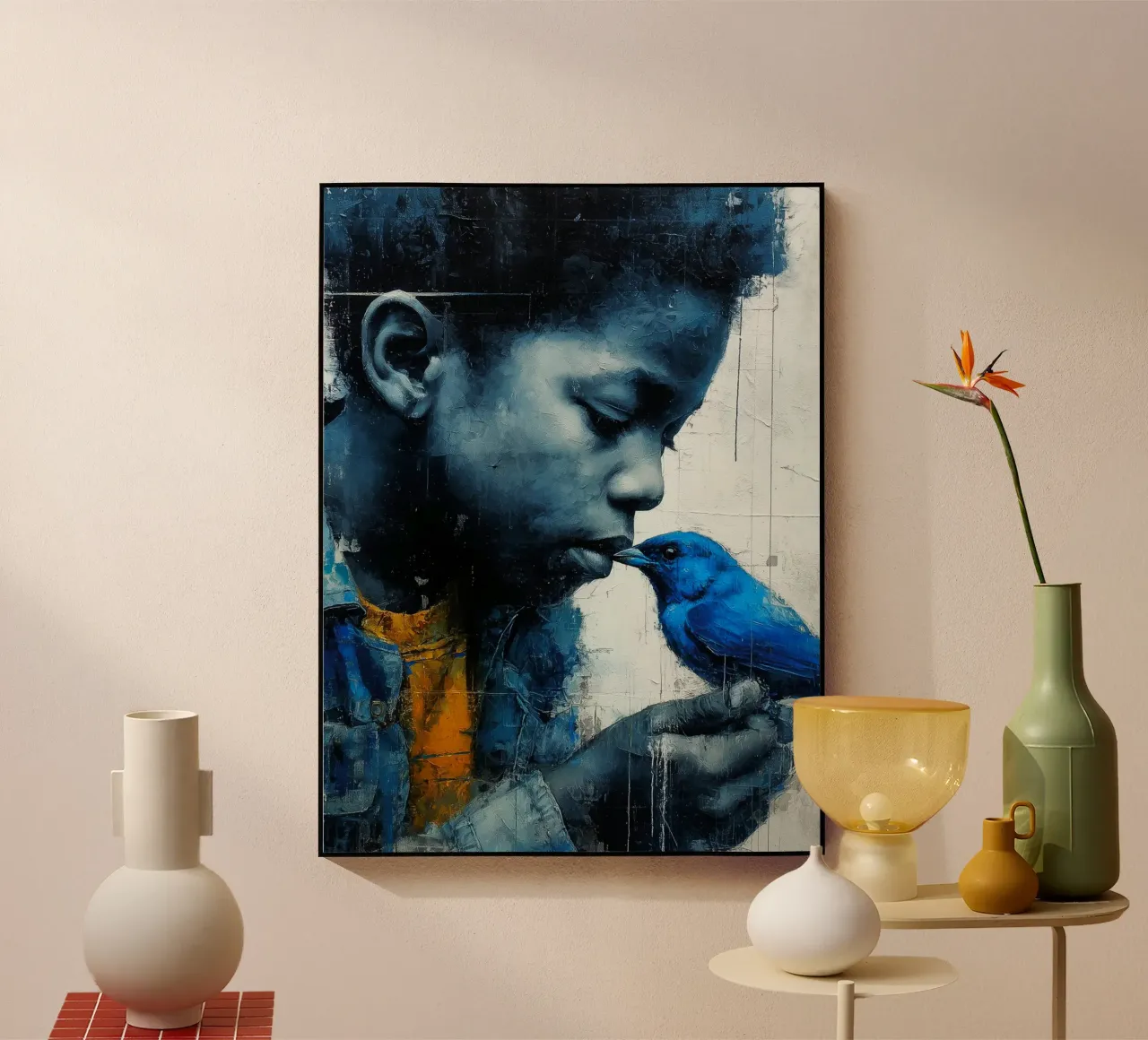 Ragazzo con uccello blu plexiglass da Puschkinowa