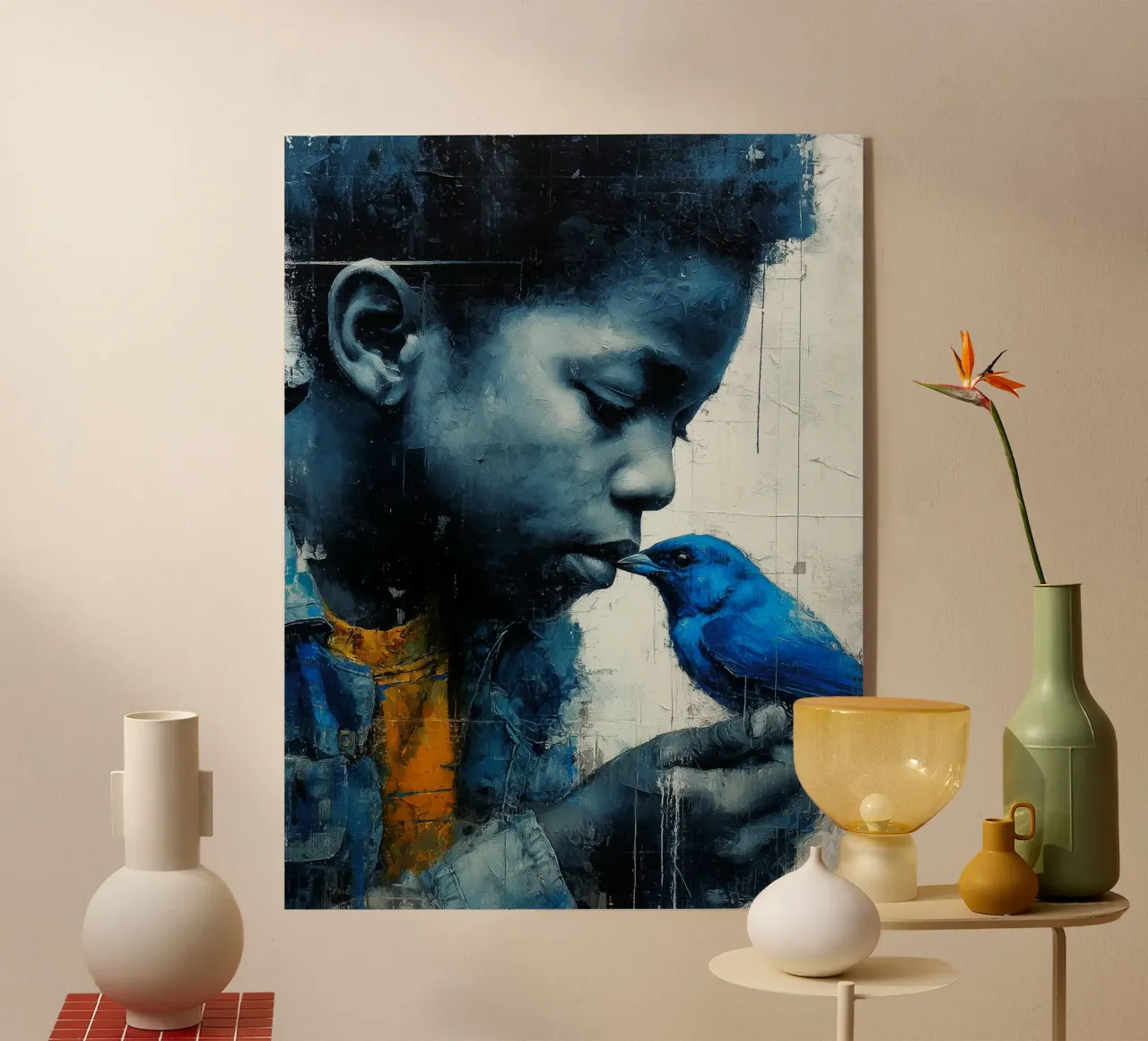 Ragazzo con uccello blu plexiglass da Puschkinowa