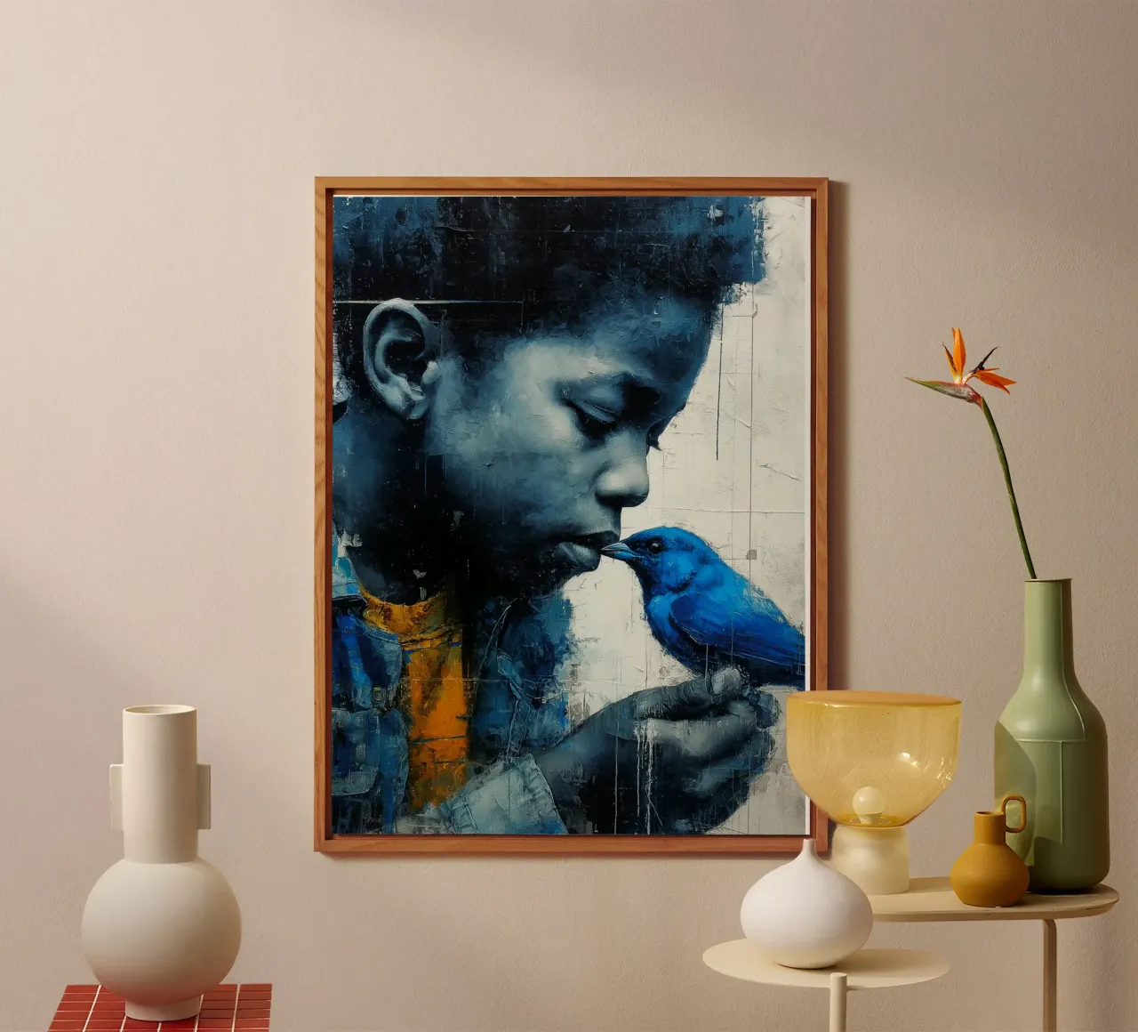Ragazzo con uccello blu alluminio dibond da Puschkinowa