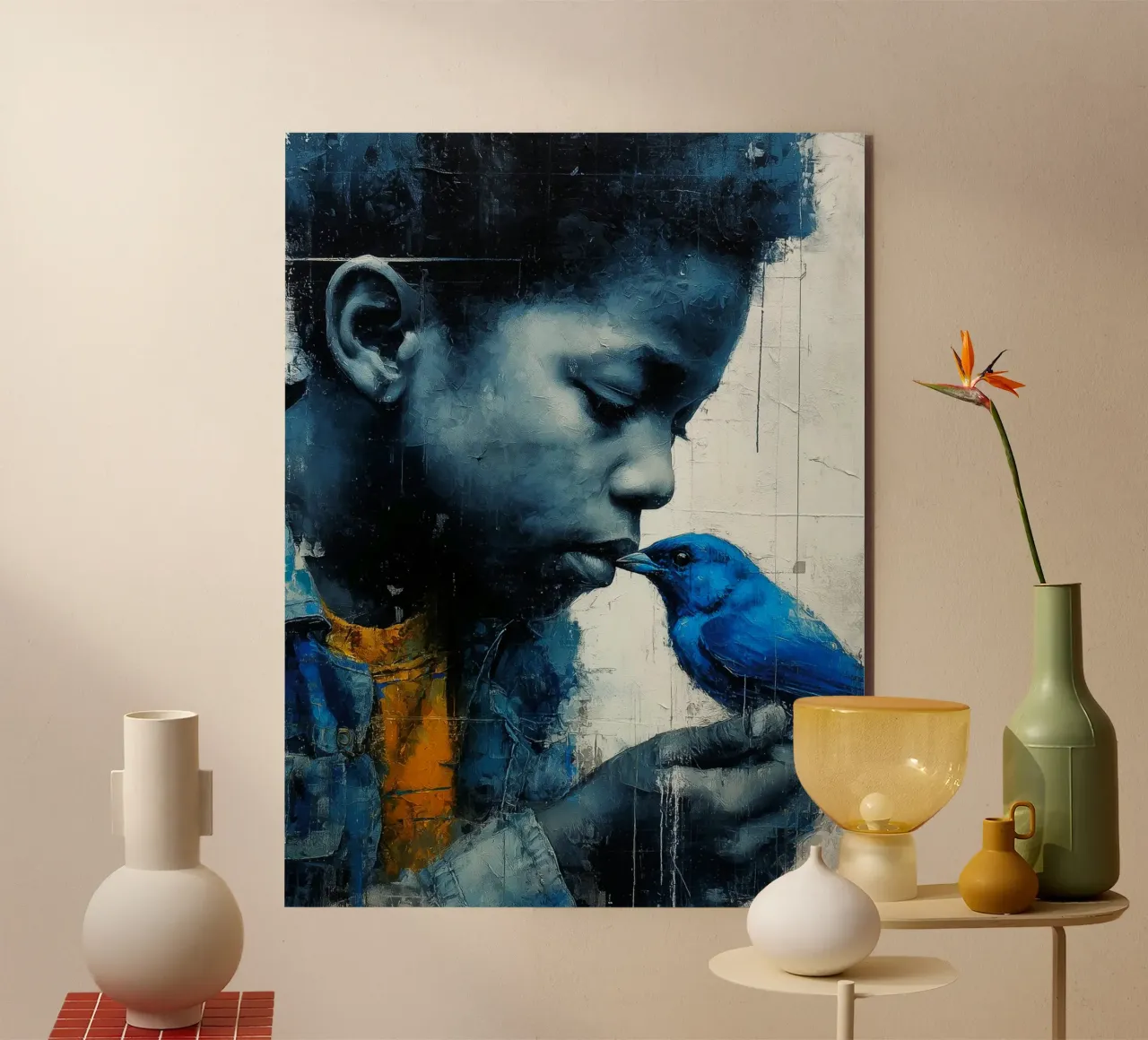 Ragazzo con uccello blu alluminio dibond da Puschkinowa