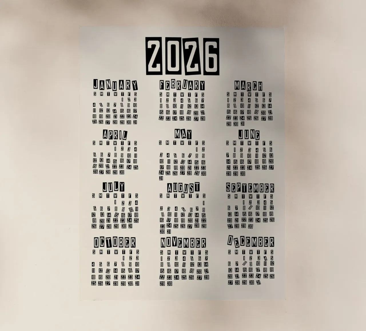 Retro Minimal 2026 Calendar lámina retroiluminada de TijanaArtStudio88