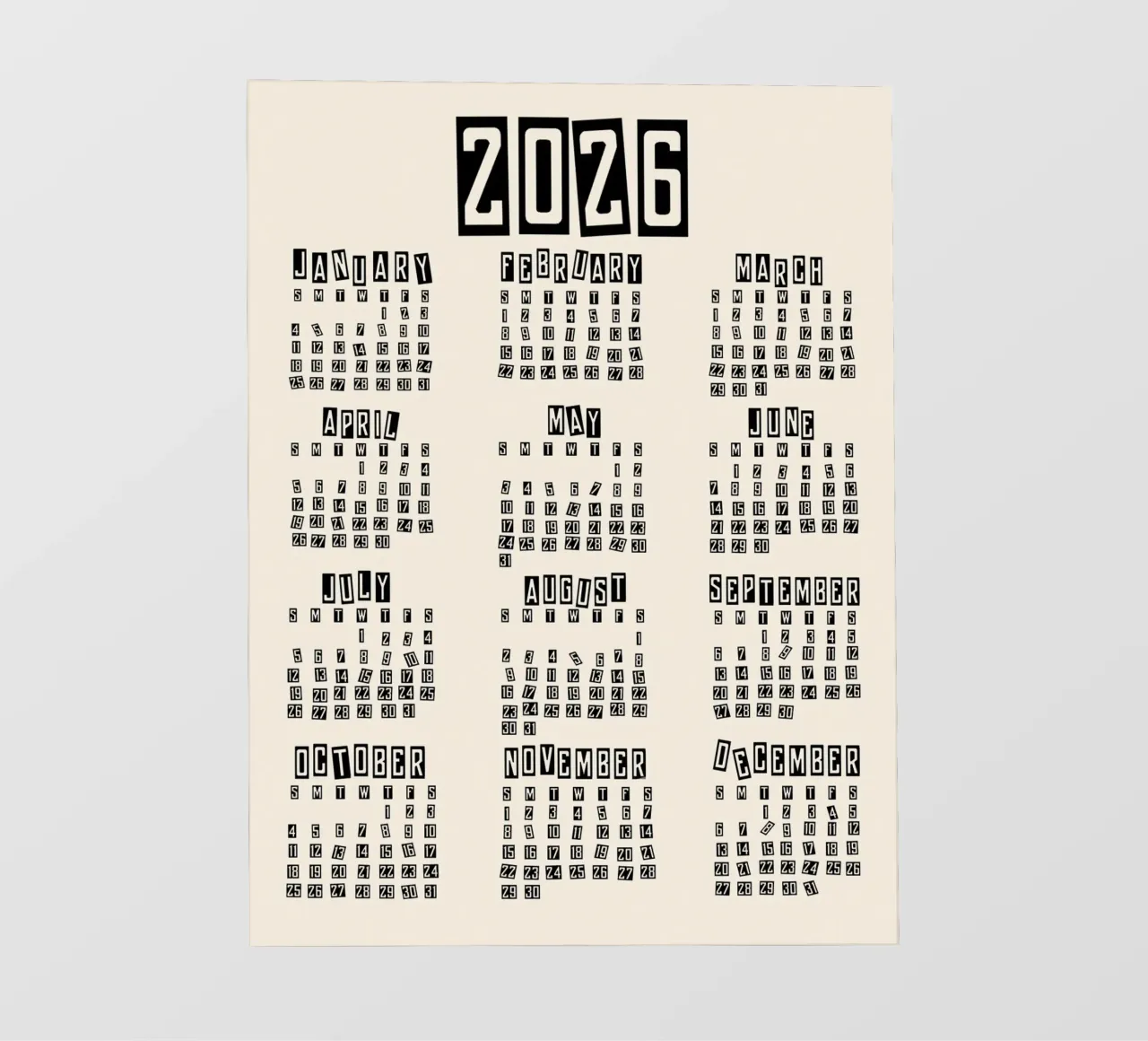 Retro Minimal 2026 Calendar lámina retroiluminada de TijanaArtStudio88