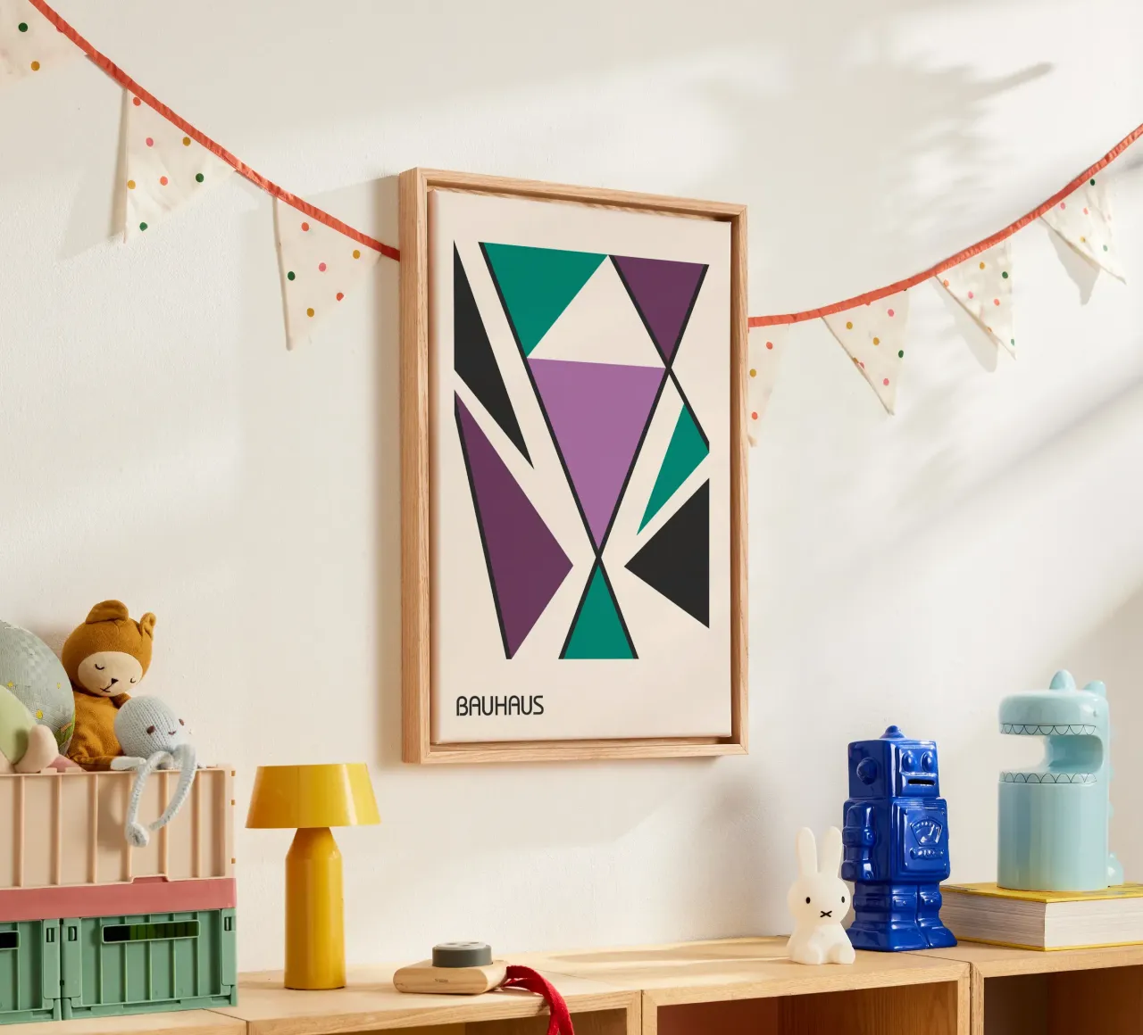 Blauwpaarse Bauhaus print - Abstracte driehoeken geometrisch ontwerp canvas van Grungeo